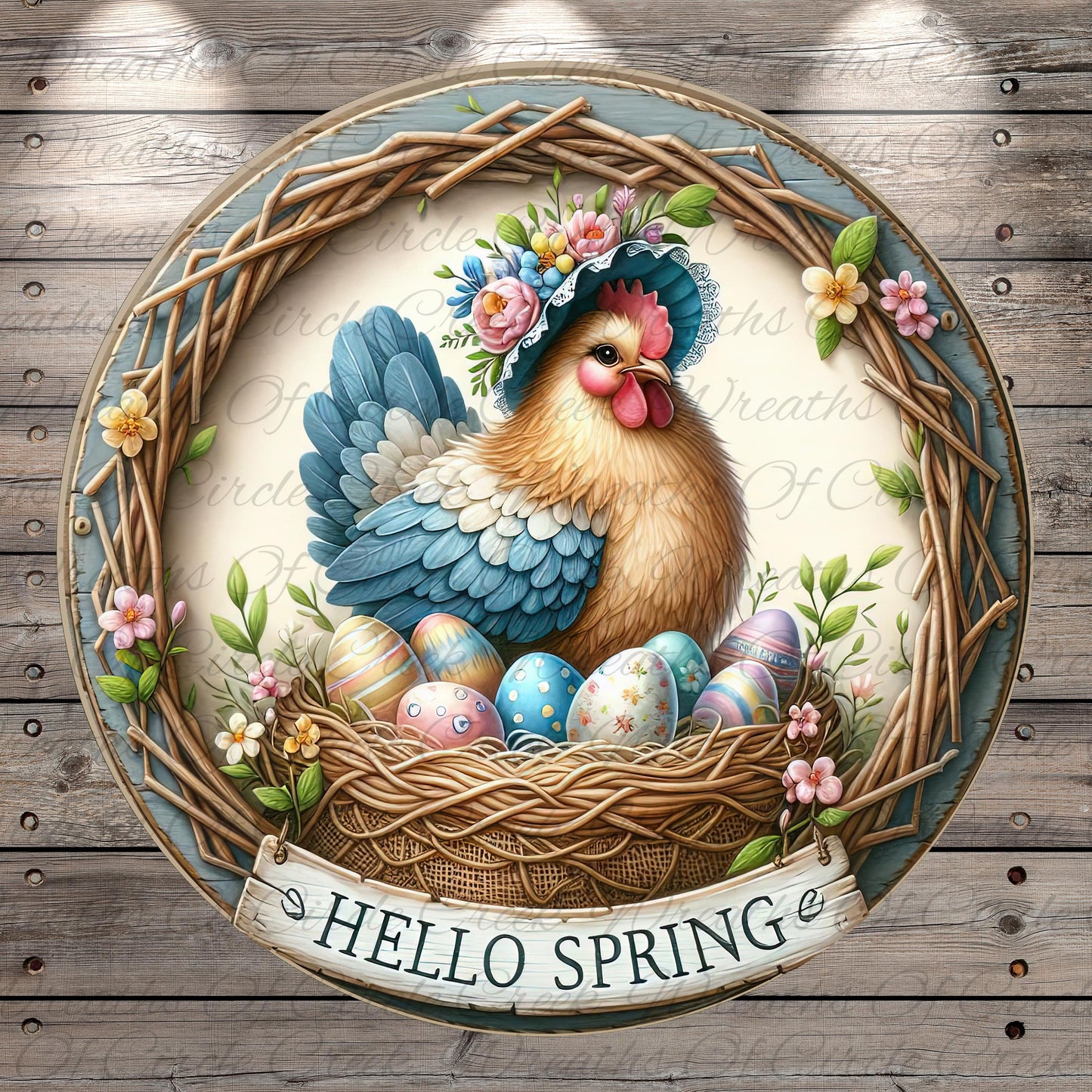 A colorful illustration of a chicken wearing a flower crown, sitting in a basket filled with Easter eggs, surrounded by a wreath of flowers and a banner that says "Hello Spring".