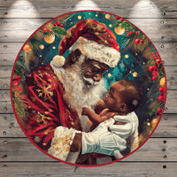 Joy To The World, Santa Claus, Baby, African American, Light Weight, Metal Wreath Sign, No Holes In Sign