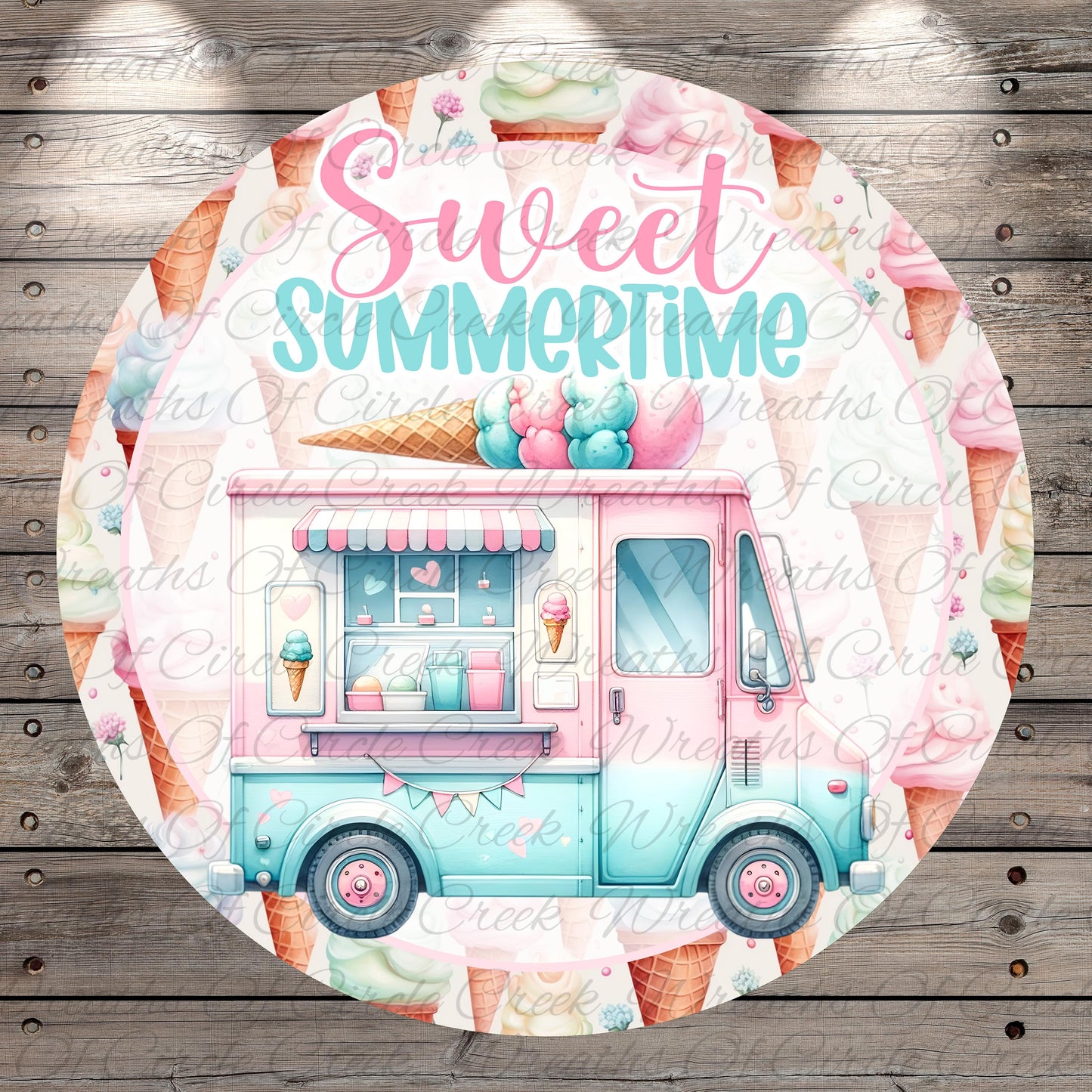 A round, decorative image featuring a pink and blue ice cream truck surrounded by colorful ice cream cones and the text "Sweet Summertime".