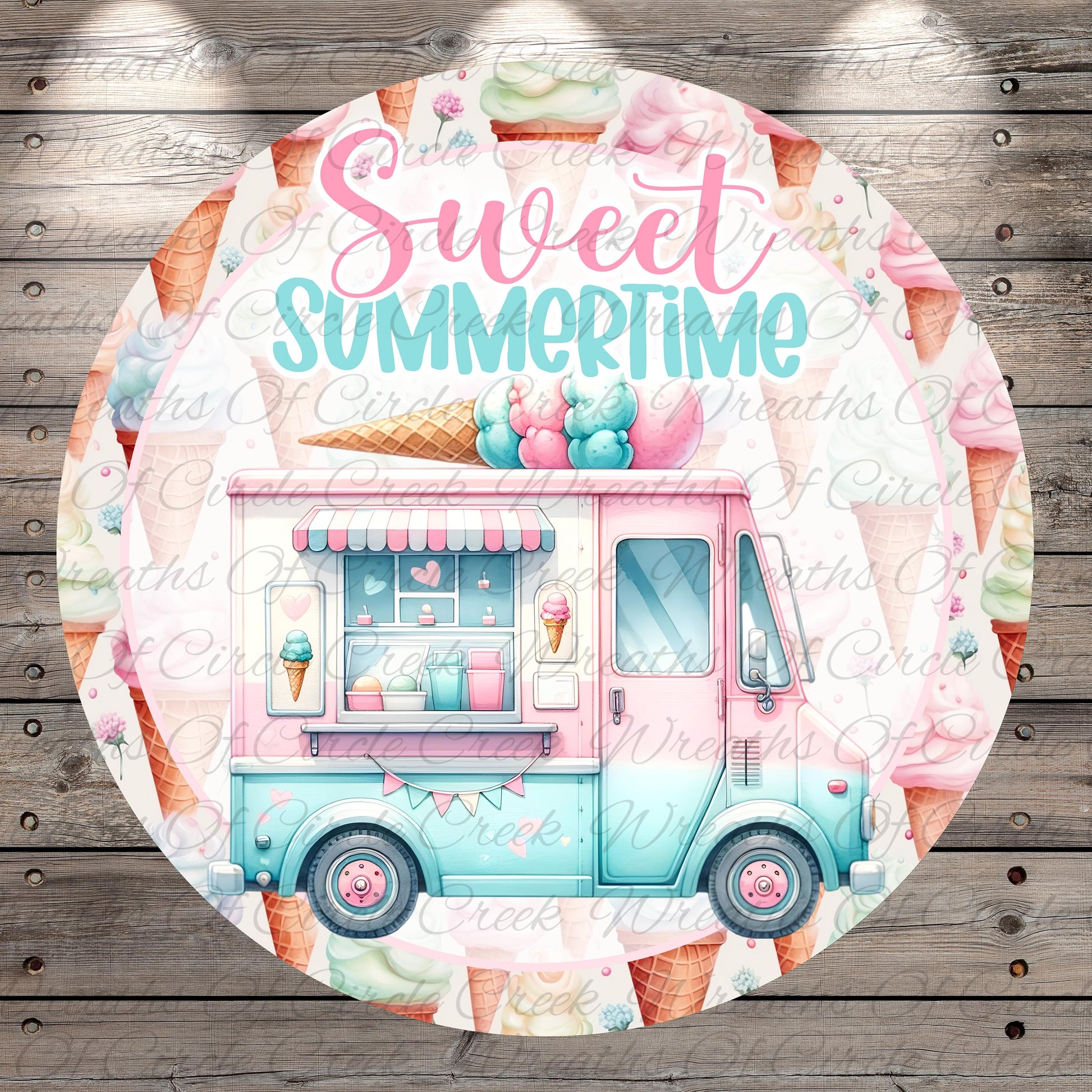 A round, decorative image featuring a pink and blue ice cream truck surrounded by colorful ice cream cones and the text "Sweet Summertime".
