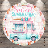 A round, decorative image featuring a pink and blue ice cream truck surrounded by colorful ice cream cones and the text "Sweet Summertime".
