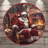 Merry Christmas, Santa Claus, Sitting In Chair, African American, Cozy scene, Light Weight, Metal Wreath Sign, No Holes In Sign