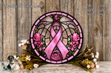 Breast Cancer Ribbon Faux Stained Glass Print Aluminum Metal Wreath Sign (Lightweight, No Holes)