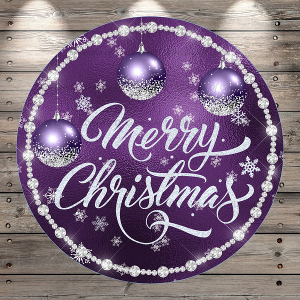 Purple and Silver, Merry Christmas, Ornaments, Glitter, Sparkles, Snow, Wreath Sign, No Holes, Round UV Coated, Metal