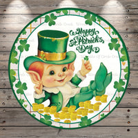 Cute Leprechaun, With Gold, Happy St. Patrick’s Day, Round Light Weight, Metal Wreath Sign, No Holes