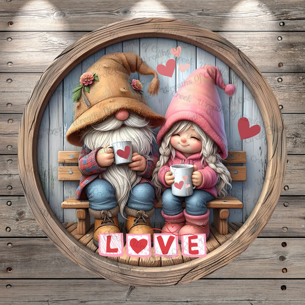 Valentine Gnomes, Couple, LOVE, Floating Hearts, Round, Lightweight, Metal Wreath Sign, No Holes In Sign