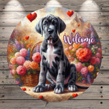 Welcome, Great Dane Puppy, Merle, Floating Hearts, Valentines, Florals, Whimsical, Round, Light Weight, Metal Wreath Sign, No Holes, UV Coated
