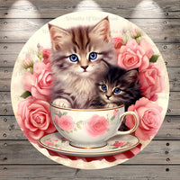 Cat Sign, Kitten, Teacup, Pink Roses, Round, Light Weight, Metal, Wreath Sign, With No Holes