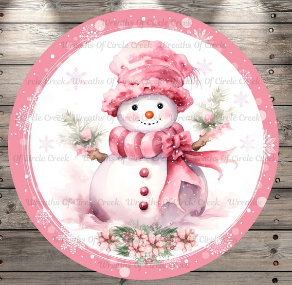 Pink Snowman, Vintage, Shabby Chic, Wreath Sign, No Holes, Round UV Coated, Metal, Light Weight, Metal Wreath Sign