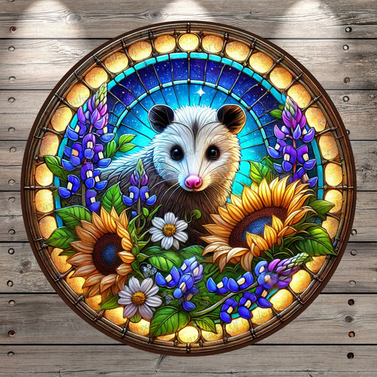 Possum Sunflowers & Bluebonnets| Lightweight Round Metal Wreath Sign | Meadow | Faux Stained Glass Effect | No Holes In Sign