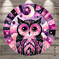 Pink and Purple Owl, Faux Stain Glass Print, Moon and Stars, Round, Light Weight, Metal Wreath Sign, No Holes In Sign