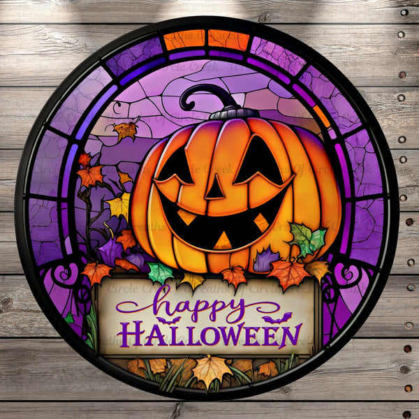 Jack-O-Lantern, Happy Halloween, Stained Glass Print, Round UV Coated, Metal Sign, No Holes