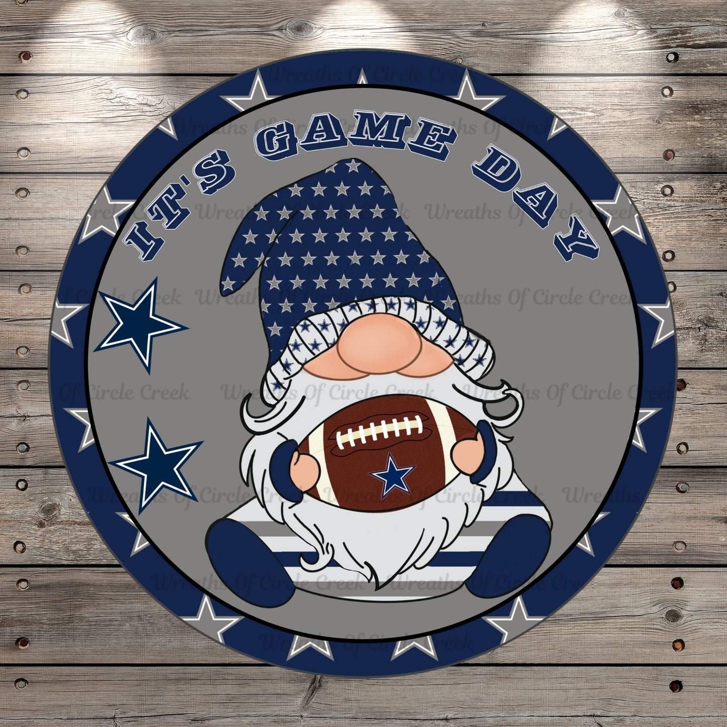 Fall Football, It's Game Day, Navy, Gray, Football Gnome, Stars Border, Round UV Coated, Metal Sign, No Holes