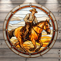 Cowboy And Brown Horse, Stain Glass Print, Ranch, Western, Light Weight, Metal Wreath Sign, No Holes
