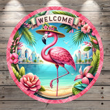 Pink Flamingo, Welcome, Beach, Tropical Florals, Summer, City Background, Round, Lightweight, Metal Wreath Sign, No Holes