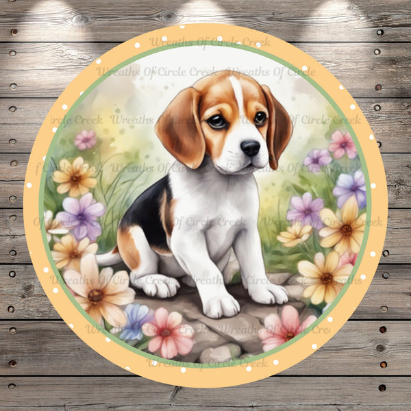 Beagle Puppy, Spring Florals, Watercolor, Light Weight, Metal Wreath Sign, No Holes, Round UV Coated