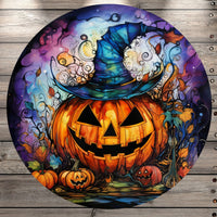 Witch Jack-O-Lantern, Spooky, Halloween, Round UV Coated, Metal Sign, No Holes