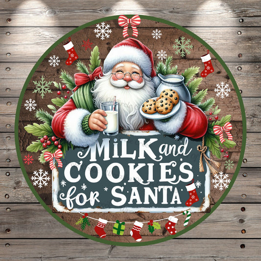 Santa, Milk and Cookies, For Santa, Christmas, Stockings, Snow, Lightweight, Round, Metal, Wreath Sign, No Holes In Sign