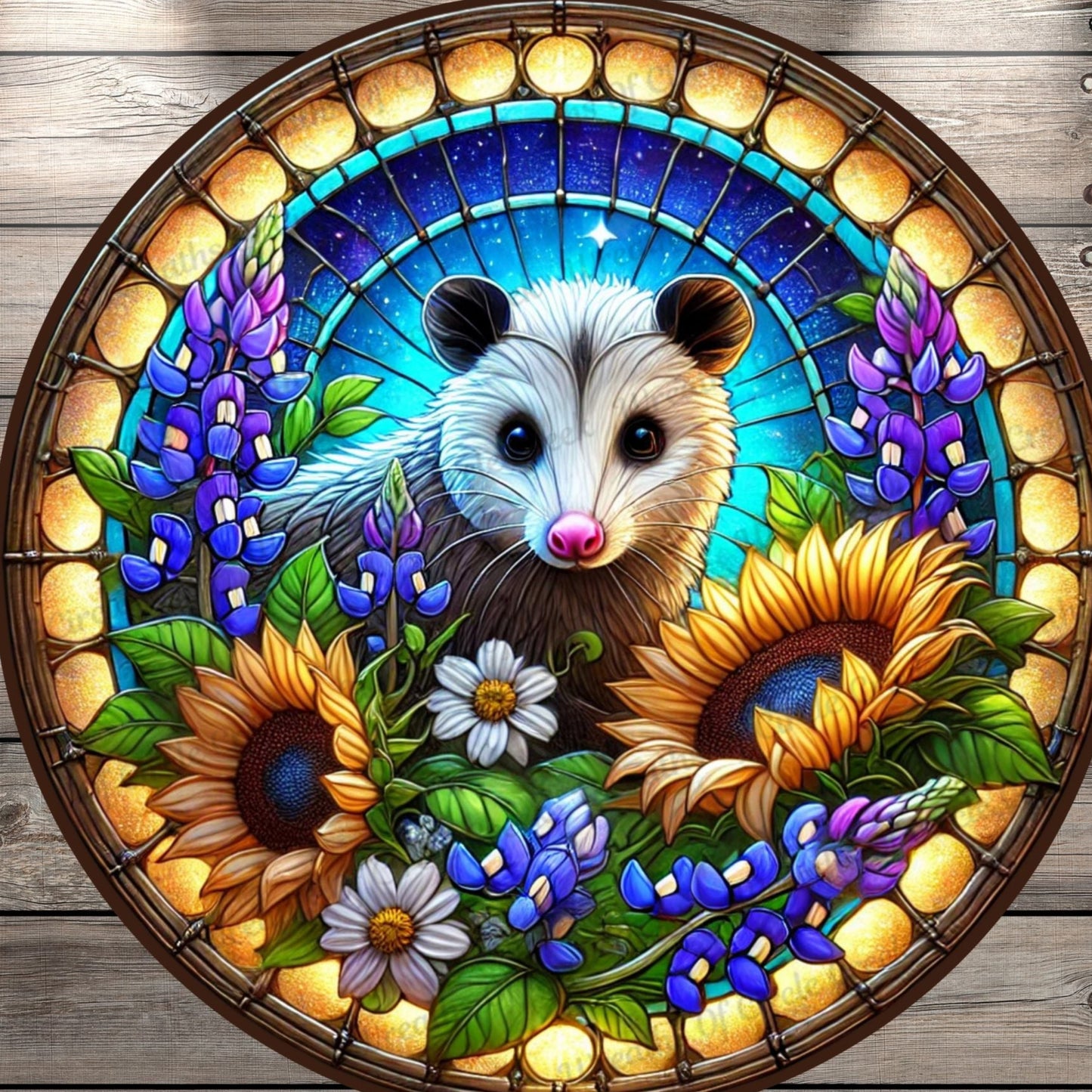 Possum Sunflowers & Bluebonnets| Lightweight Round Metal Wreath Sign | Meadow | Faux Stained Glass Effect | No Holes In Sign