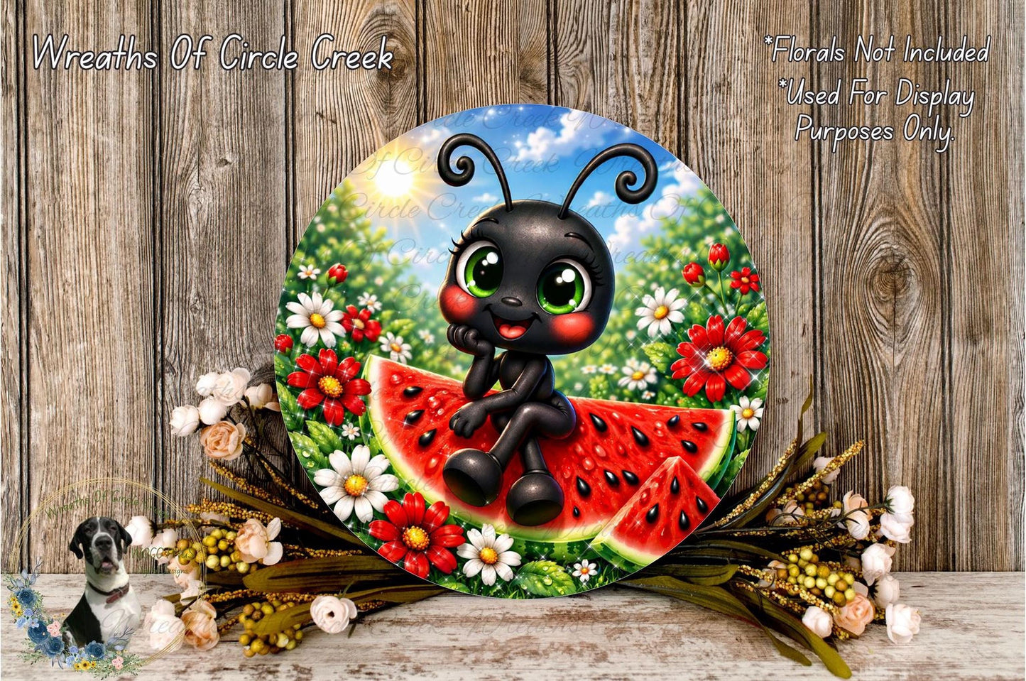 A round, decorative plate featuring a cartoon-like black ant sitting on a slice of watermelon surrounded by flowers and greenery.