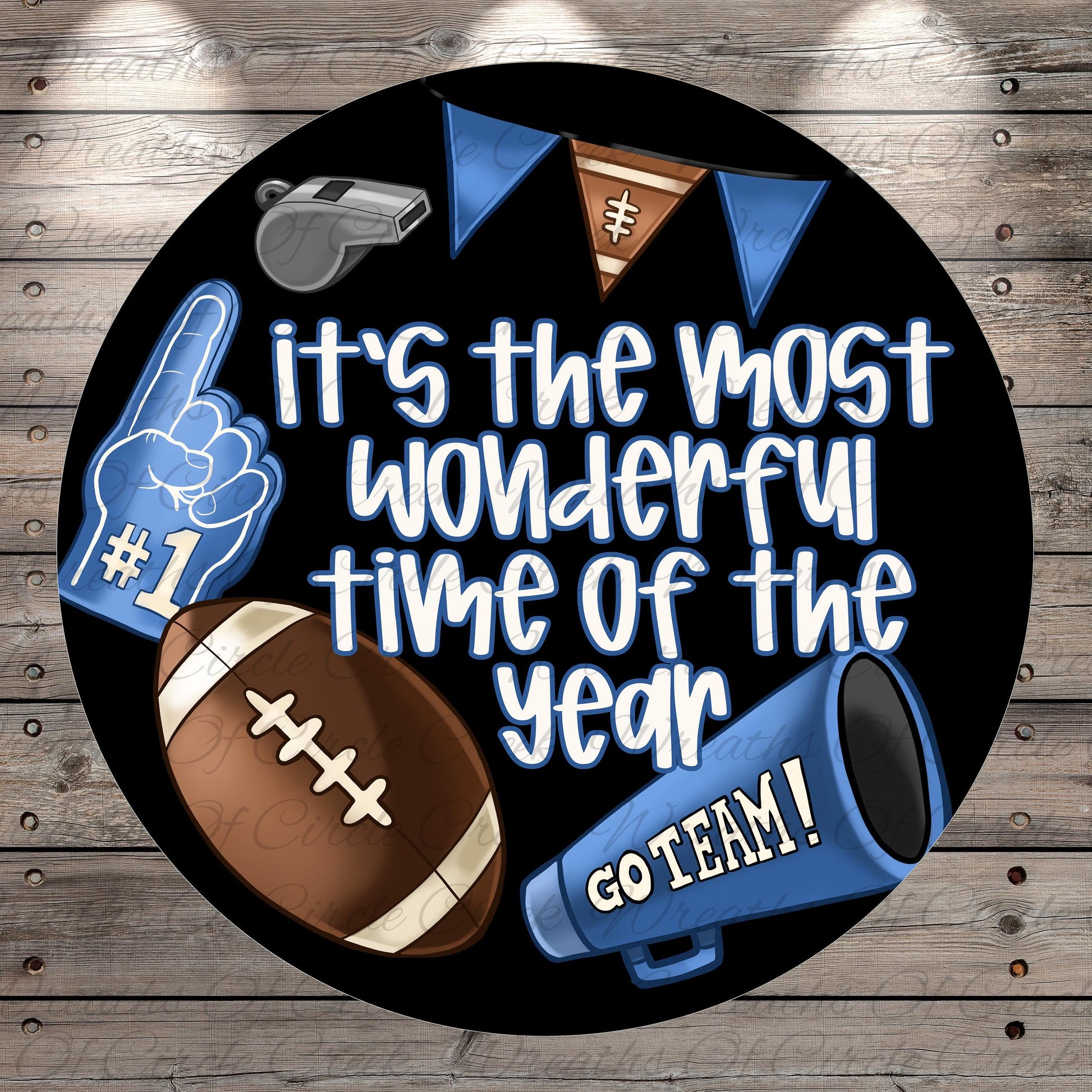 The image is a circular graphic with various football-related elements, including a football, a whistle, and a cheerleader, along with the text "It's the most wonderful time of the year" and "GO TEAM!"