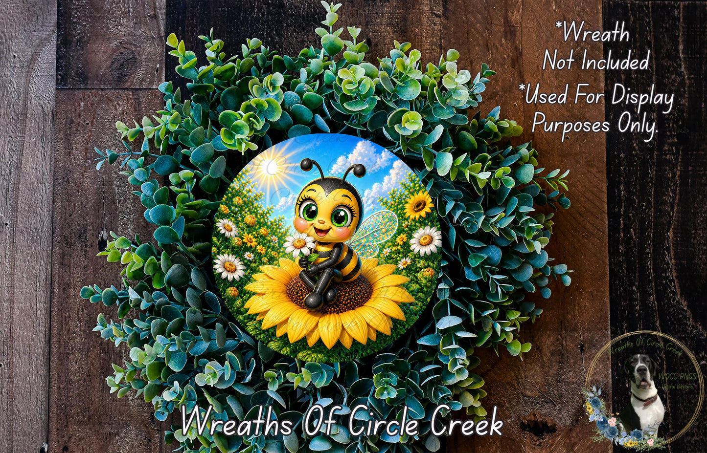 A wreath featuring a cartoon bee sitting on a sunflower surrounded by greenery.