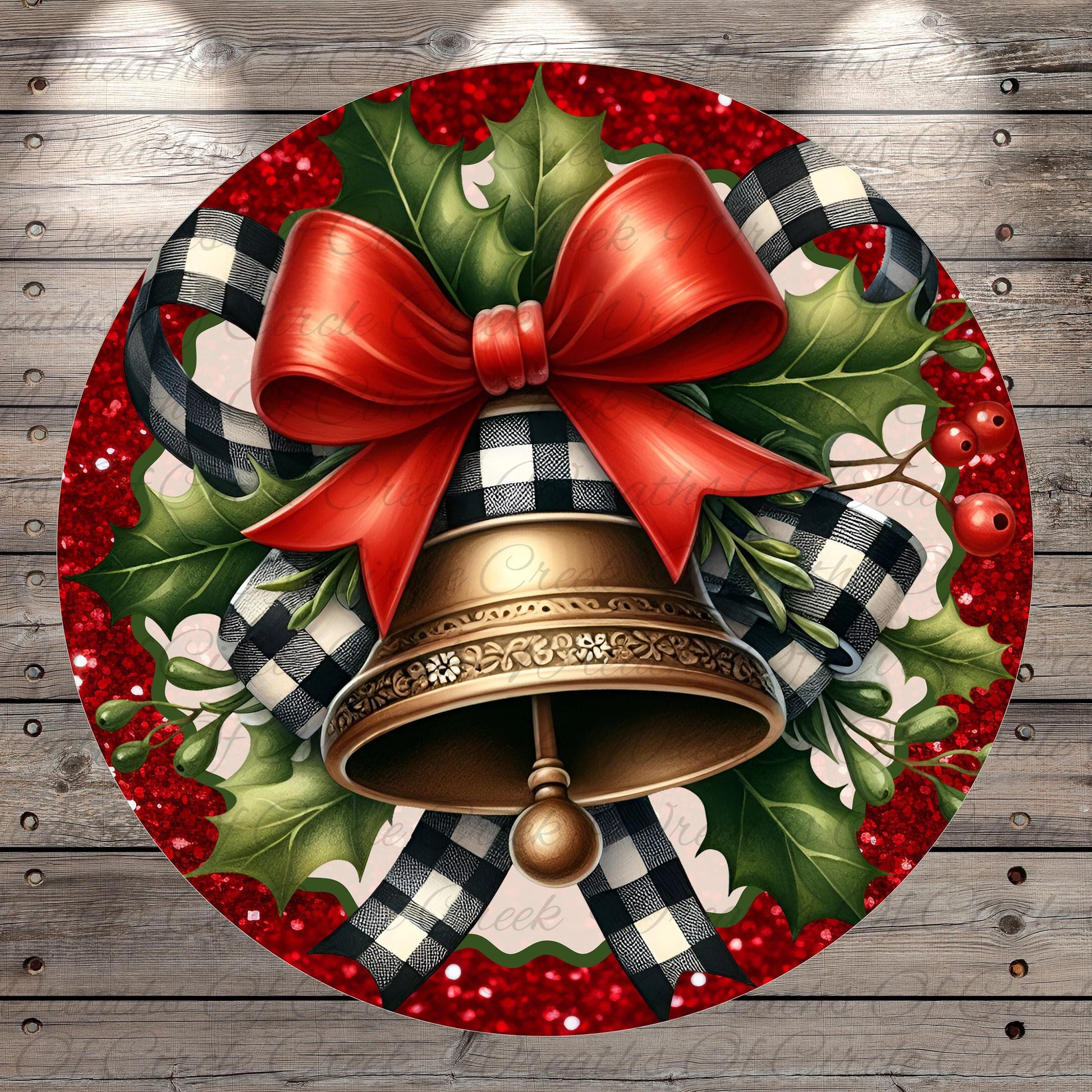A festive Christmas wreath with a large red bow, a golden bell, and red berries, all set against a wooden background.