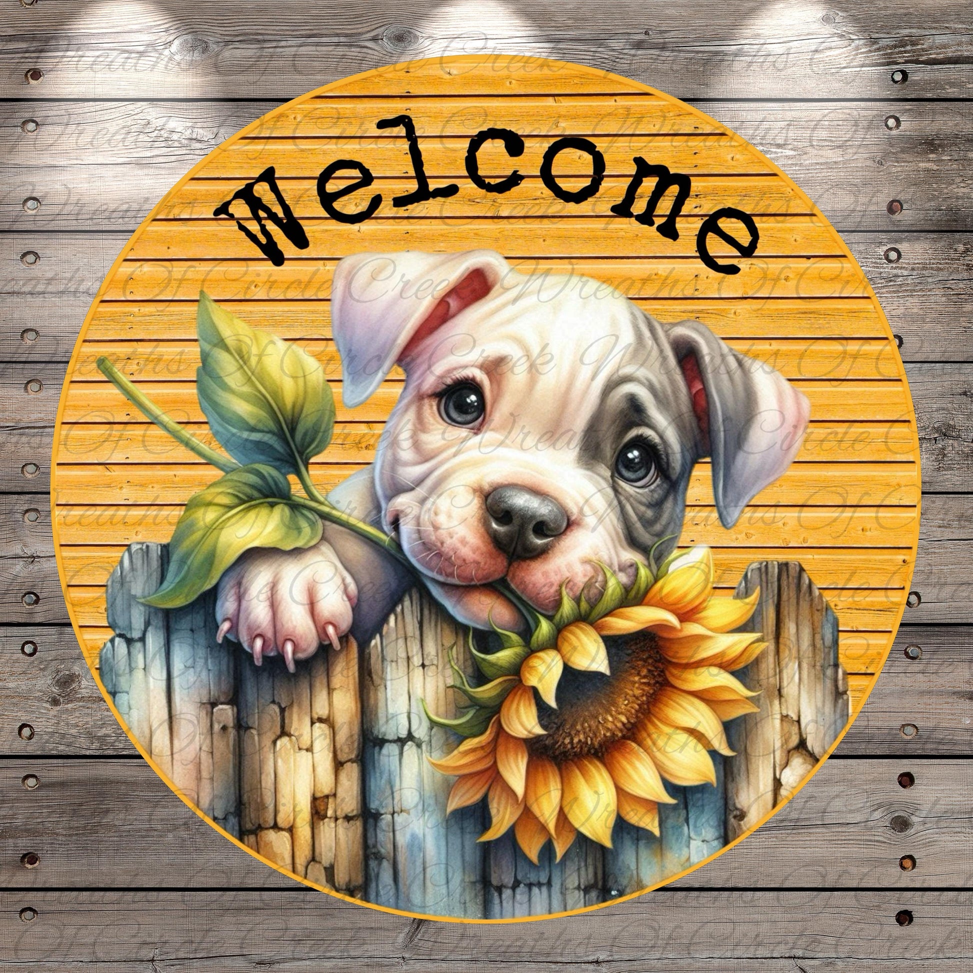 a welcome sign with a puppy holding a sunflower