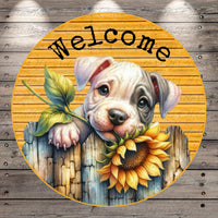 a welcome sign with a puppy holding a sunflower