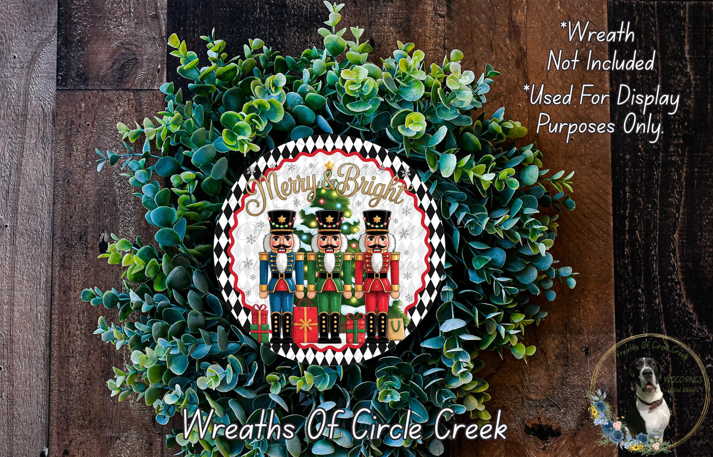 A wreath made of green leaves and a nutcracker soldier design, with the text "Merry & Bright" and "Wreaths of Circle Creek" displayed on it.
