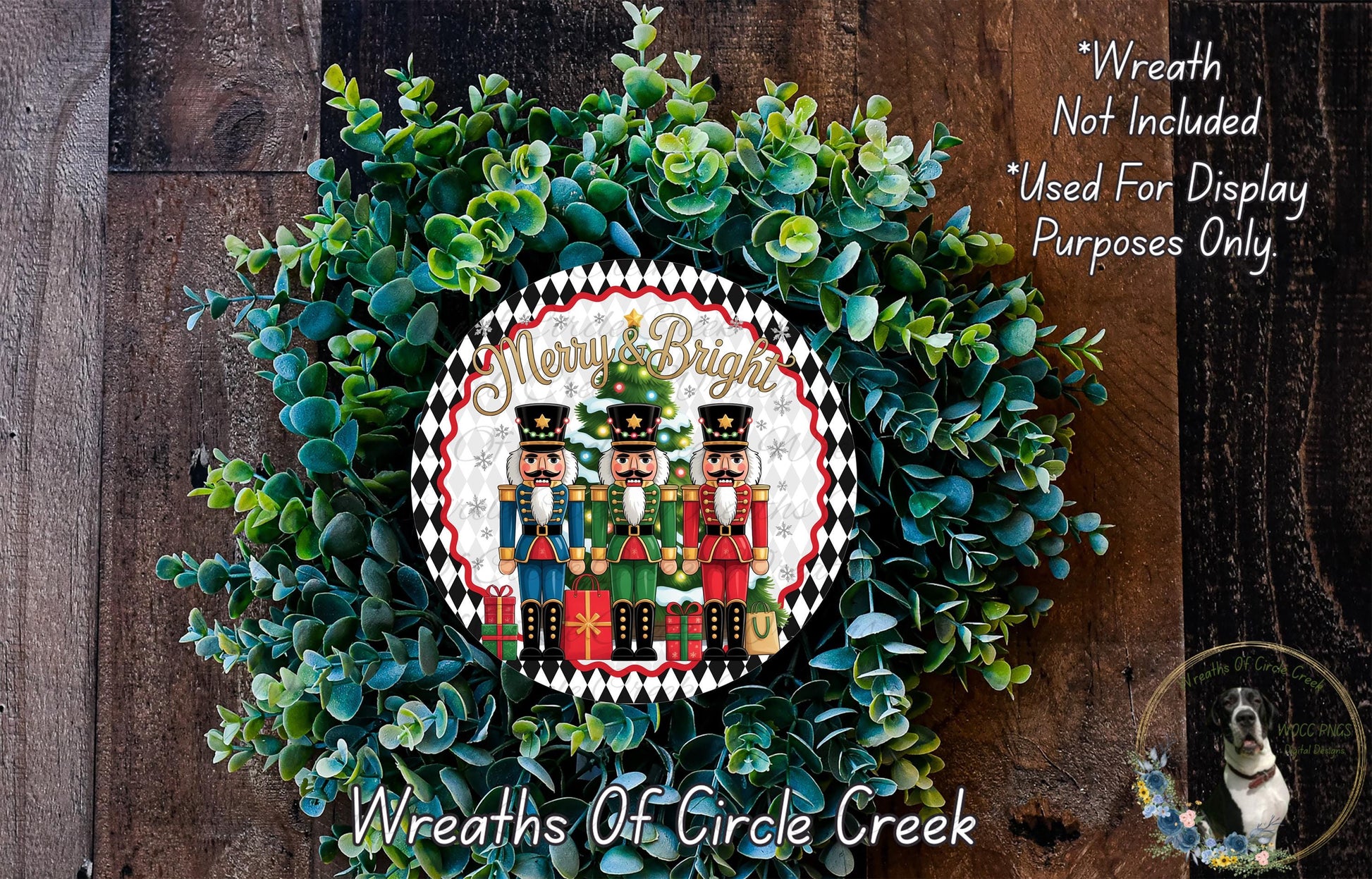 A wreath made of green leaves and a nutcracker soldier design, with the text "Merry & Bright" and "Wreaths of Circle Creek" displayed on it.