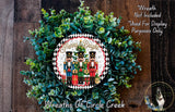 A wreath made of green leaves and a nutcracker soldier design, with the text &quot;Merry & Bright&quot; and &quot;Wreaths of Circle Creek&quot; displayed on it.