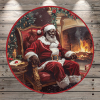 Merry Christmas, Santa Claus, Sitting In Chair, African American, Cozy scene, Light Weight, Metal Wreath Sign, No Holes In Sign