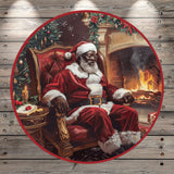 Merry Christmas, Santa Claus, Sitting In Chair, African American, Cozy scene, Light Weight, Metal Wreath Sign, No Holes In Sign