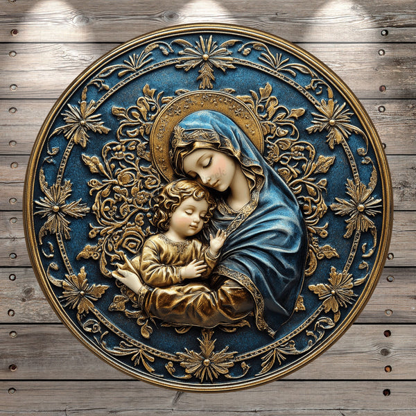 Mother Mary, Holding Baby Jesus, Gold and Blue, Faux 3D, Light Weight, Metal, Wreath Sign, No Holes In Sign