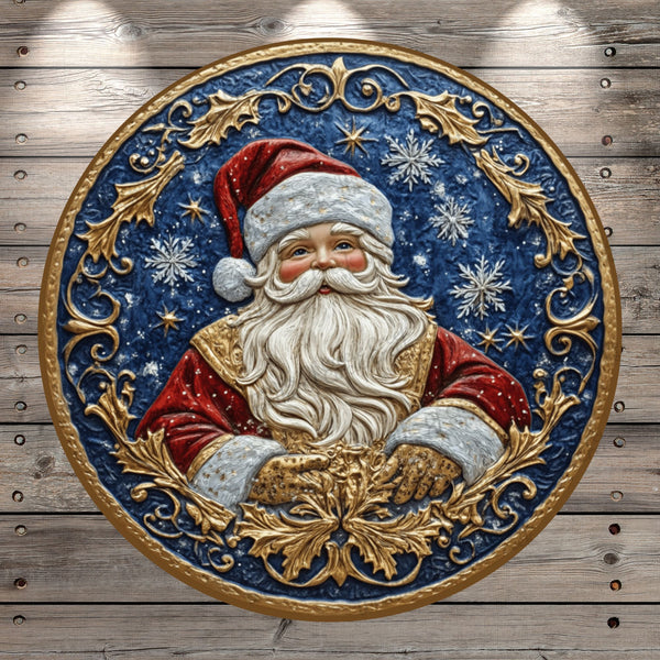 St. Nicholas, Santa Claus, Nostalgia, Gold and Blue, Snowflakes, Faux 3D, Light Weight, Metal, Wreath Sign, No Holes In Sign