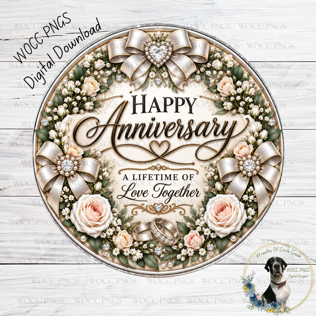 The image is a digital wedding anniversary card with a floral wreath design and a message that reads "Happy Anniversary A Lifetime of Love Together".