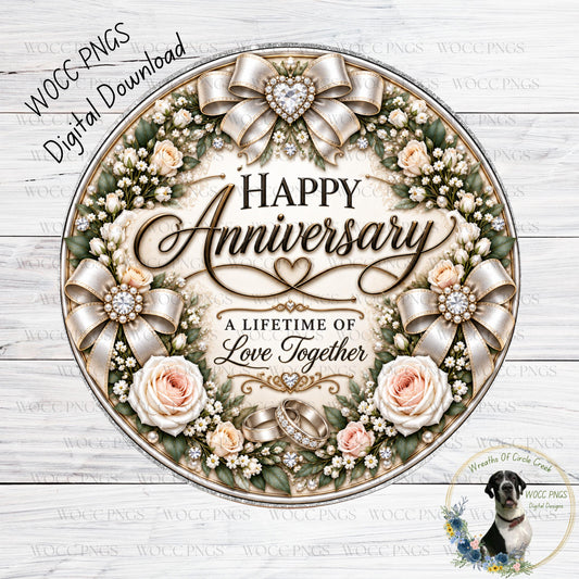 The image is a digital wedding anniversary card with a floral wreath design and a message that reads "Happy Anniversary A Lifetime of Love Together".