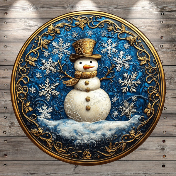 Gold Snowman, Faux 3D, Snowflakes, Gold, Blue, Round, Light Weight, Metal, Wreath Sign, No Holes In Sign