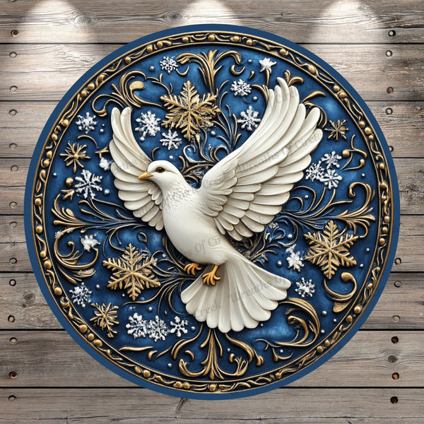 White Dove, Christmas, Blue, Gold, Snowflakes, Faux 3D, Light Weight, Metal, Wreath Sign, No Holes In Sign