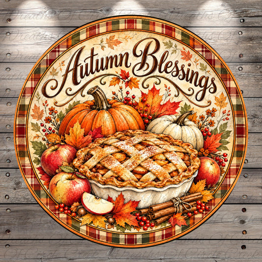 a decorative plate with a pie, pumpkins, apples, and cinnamon sticks, all surrounded by autumn leaves and berries, with the text "Autumn Blessings" written on it.