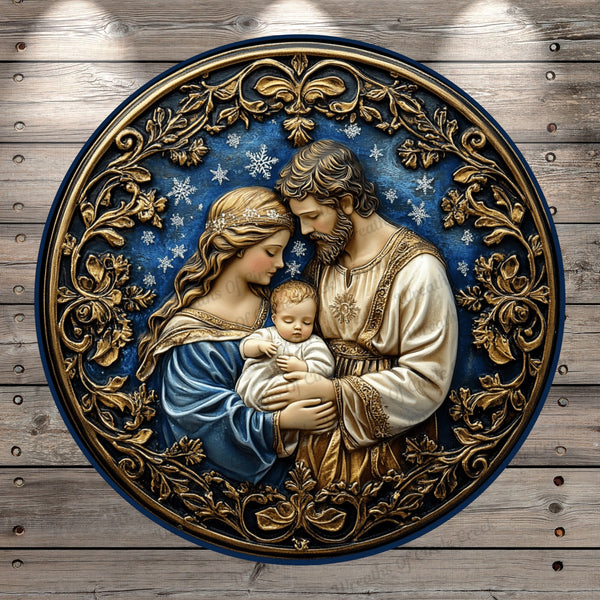 Mother Mary, Jesus, and Joseph, Gold and Blue, Snowflakes, Faux 3D, Light Weight, Metal, Wreath Sign, No Holes In Sign