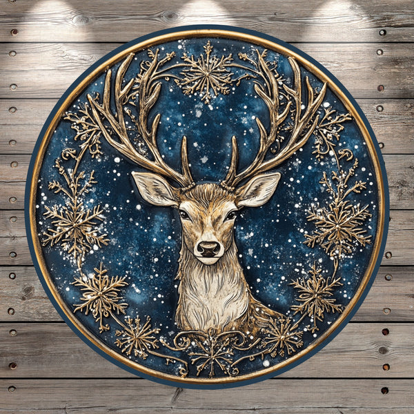 Winter Deer, Gold and Blue, Snow, Faux 3D, Light Weight, Metal, Wreath Sign, No Holes In Sign