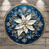 White Poinsettia, Gold and Blue, Snow, Faux 3D, Light Weight, Metal, Wreath Sign, No Holes In Sign