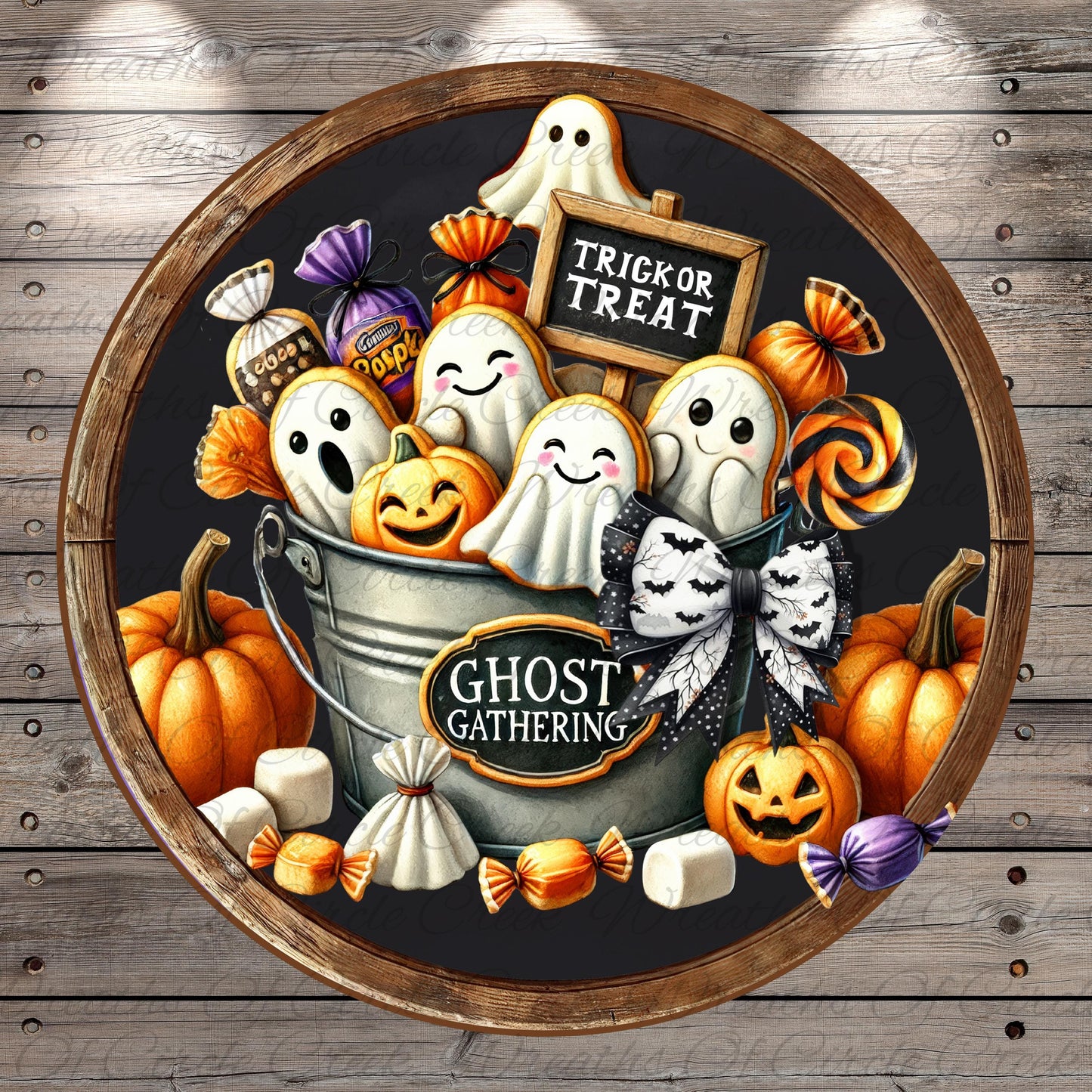 A festive Halloween scene featuring a bucket filled with various spooky and sweet treats, including ghost cookies, pumpkins, candy, and a sign that says "Trick or Treat".