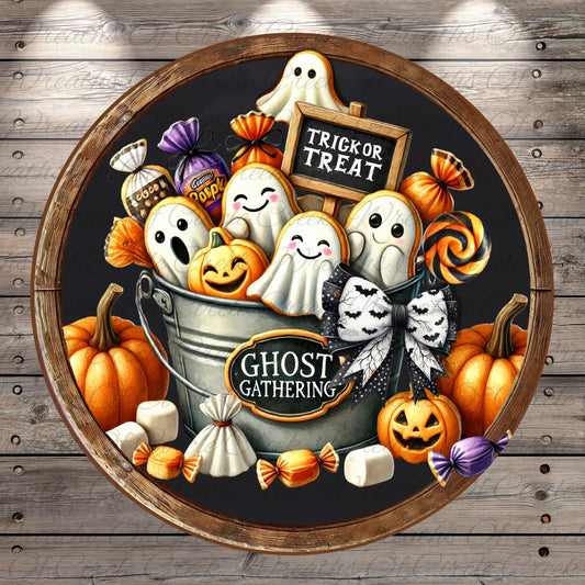 A festive Halloween scene featuring a bucket filled with various spooky and sweet treats, including ghost cookies, pumpkins, candy, and a sign that says "Trick or Treat".