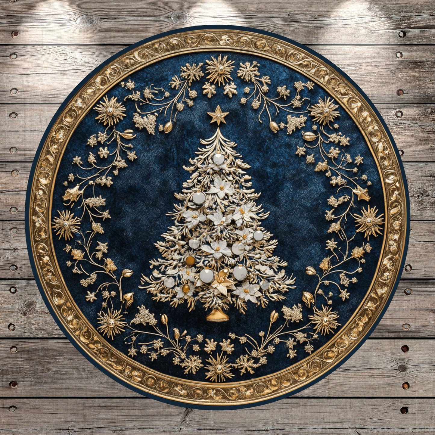 Christmas Tree, Poinsettias, Gold and Blue, Faux 3D, Light Weight, Metal, Wreath Sign, No Holes In Sign
