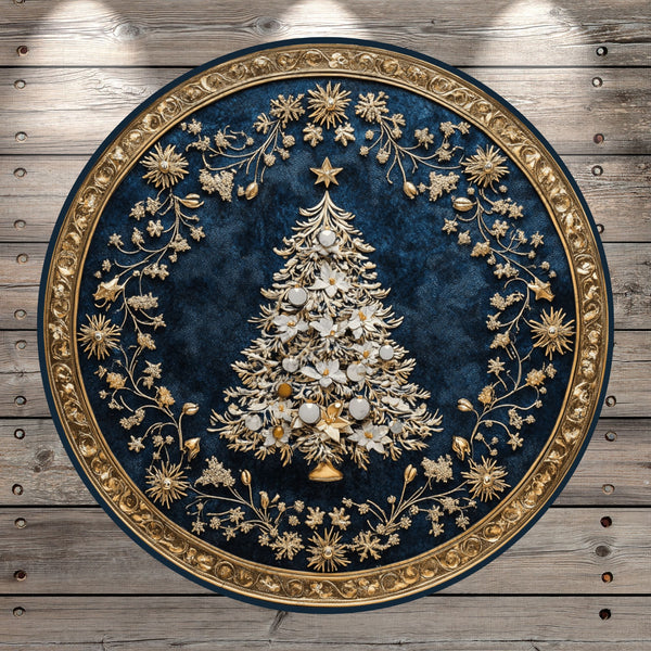 Christmas Tree, Poinsettias, Gold and Blue, Faux 3D, Light Weight, Metal, Wreath Sign, No Holes In Sign