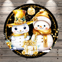 Snowmen In Gold, Merry Christmas, Happy New Year, Wreath Sign, No Holes, Round UV Coated, Metal