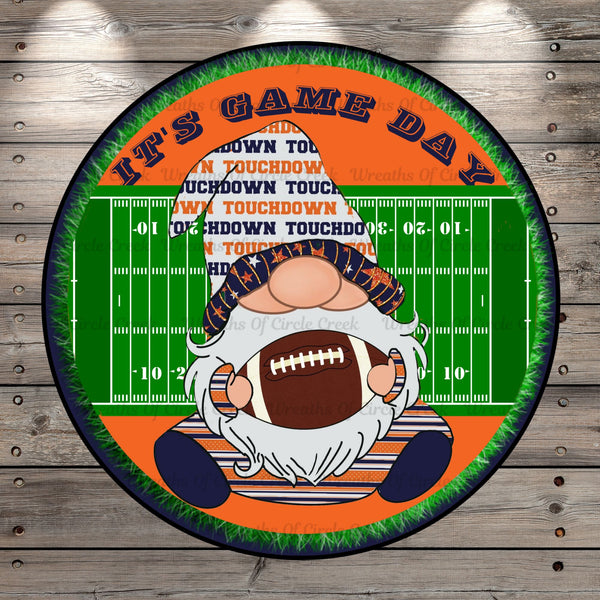 Fall Football, It's Game Day, Navy, Orange, Football Gnome, Football Field, Touchdown, Round UV Coated, Metal Sign, No Holes